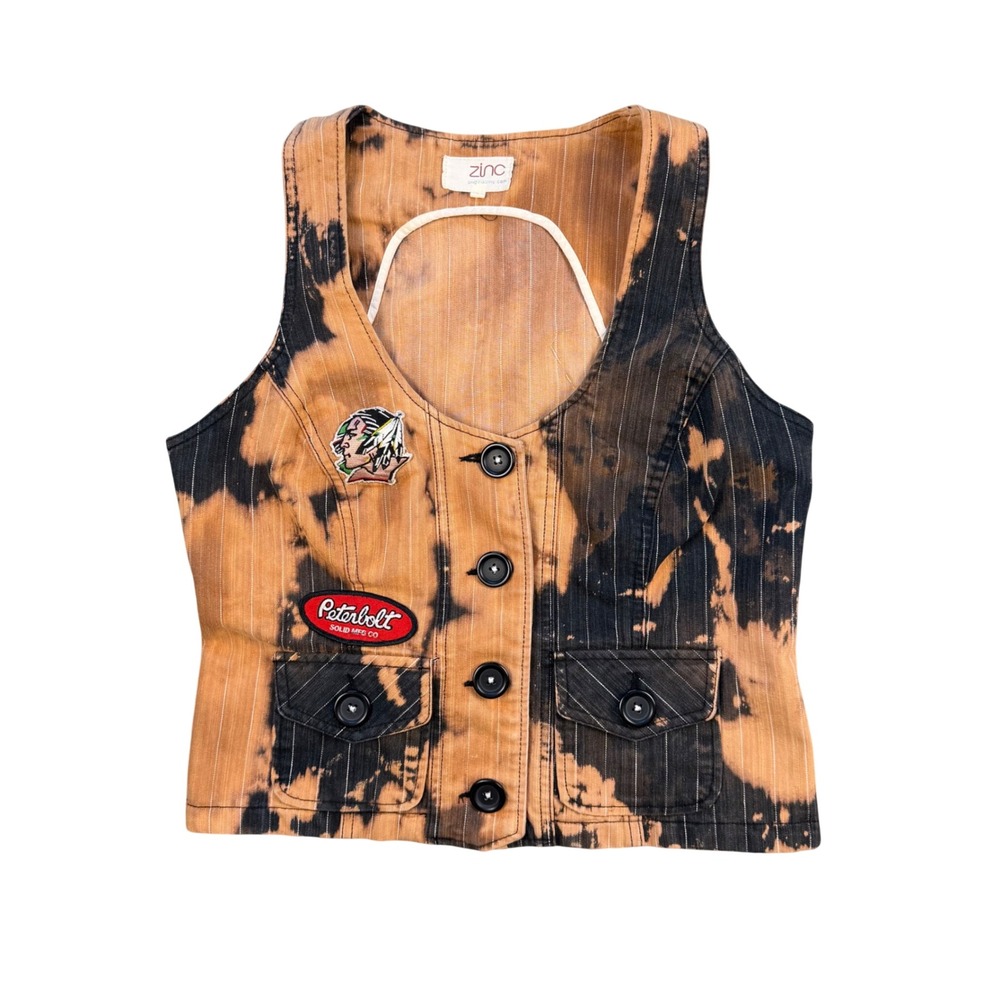 Zinc Pinstripe Denim Vest L Bleach Dyed Acid Wash Peterbilt Patch Grunge Goth